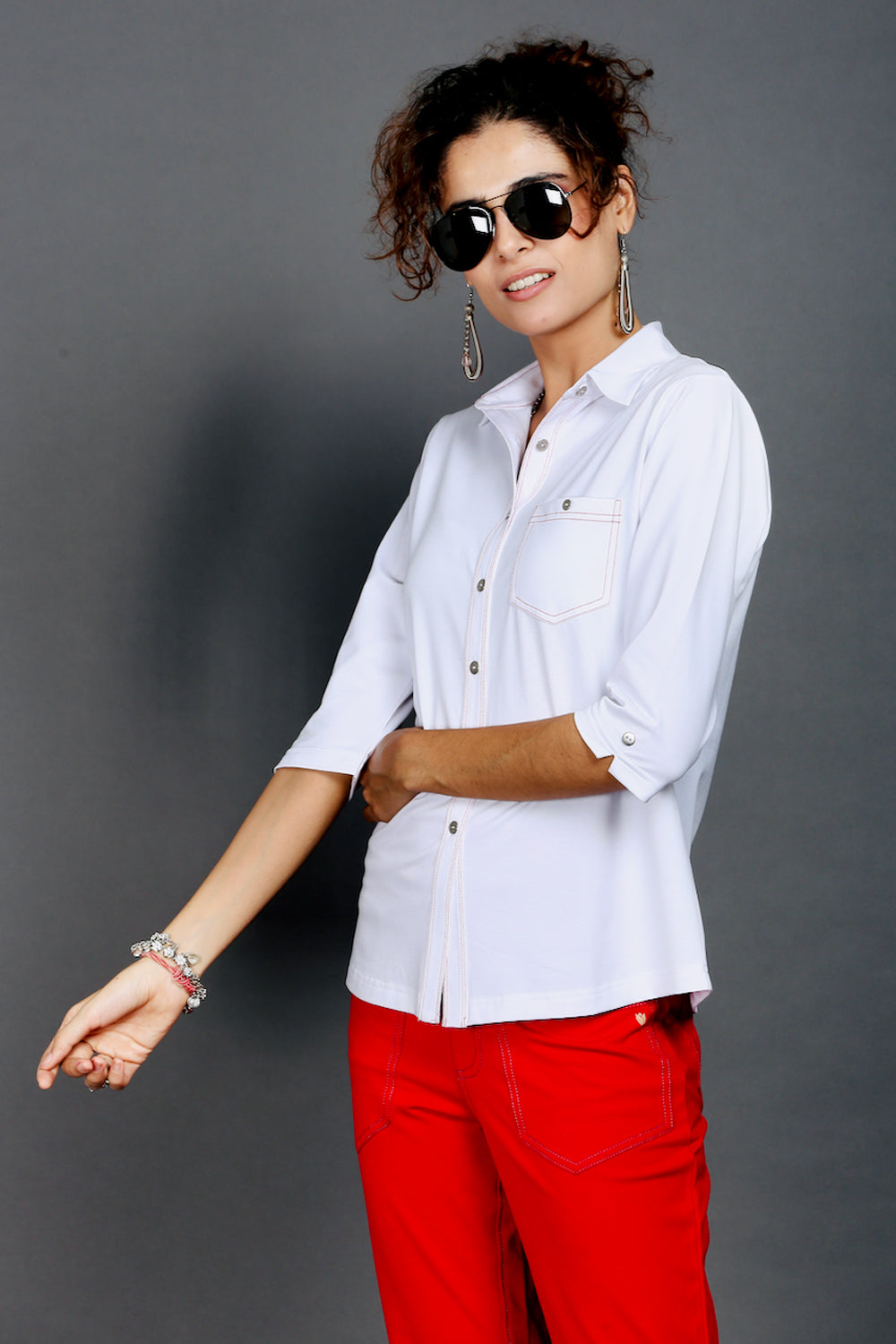 White Stretch Shirt with Red Stitch Details
