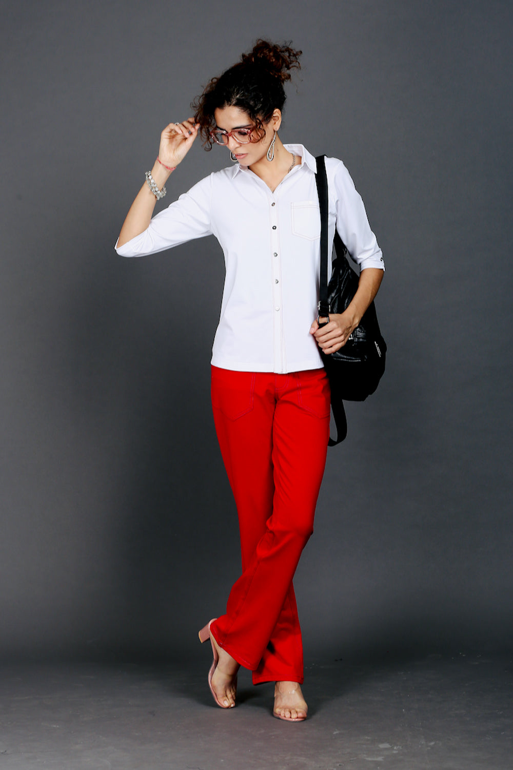 White Stretch Shirt with Red Stitch Details