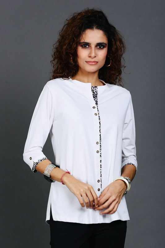 White Long Top with Animal Print Highlights