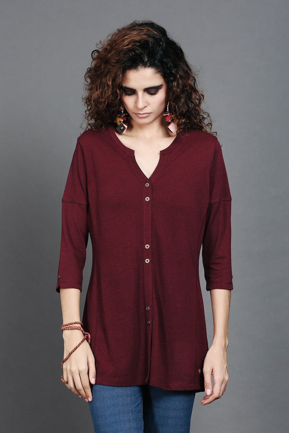 Wine Dual-Tone Long Stretch Shirt