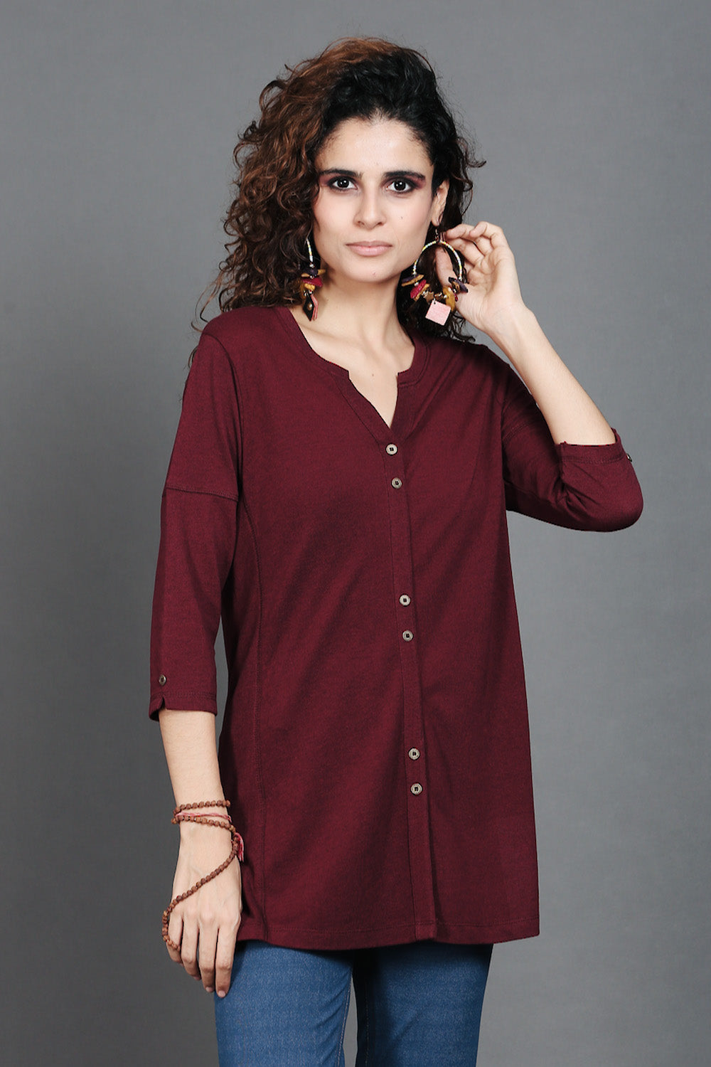 Wine Dual-Tone Long Stretch Shirt