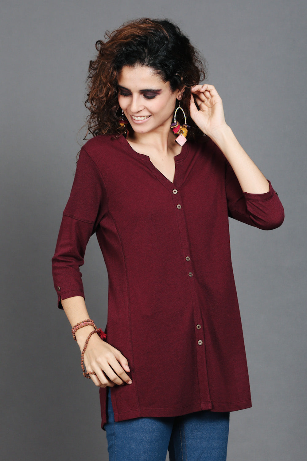 Wine Dual-Tone Long Stretch Shirt