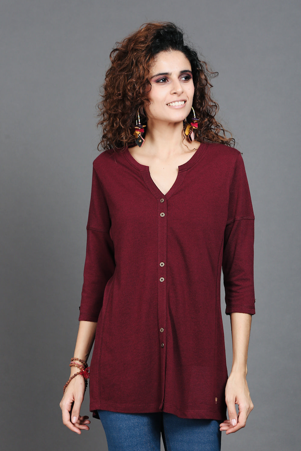 Wine Dual-Tone Long Stretch Shirt